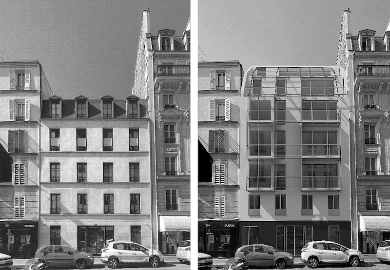 Avant/ après d'un immeuble surélevé et réhabilité à Paris